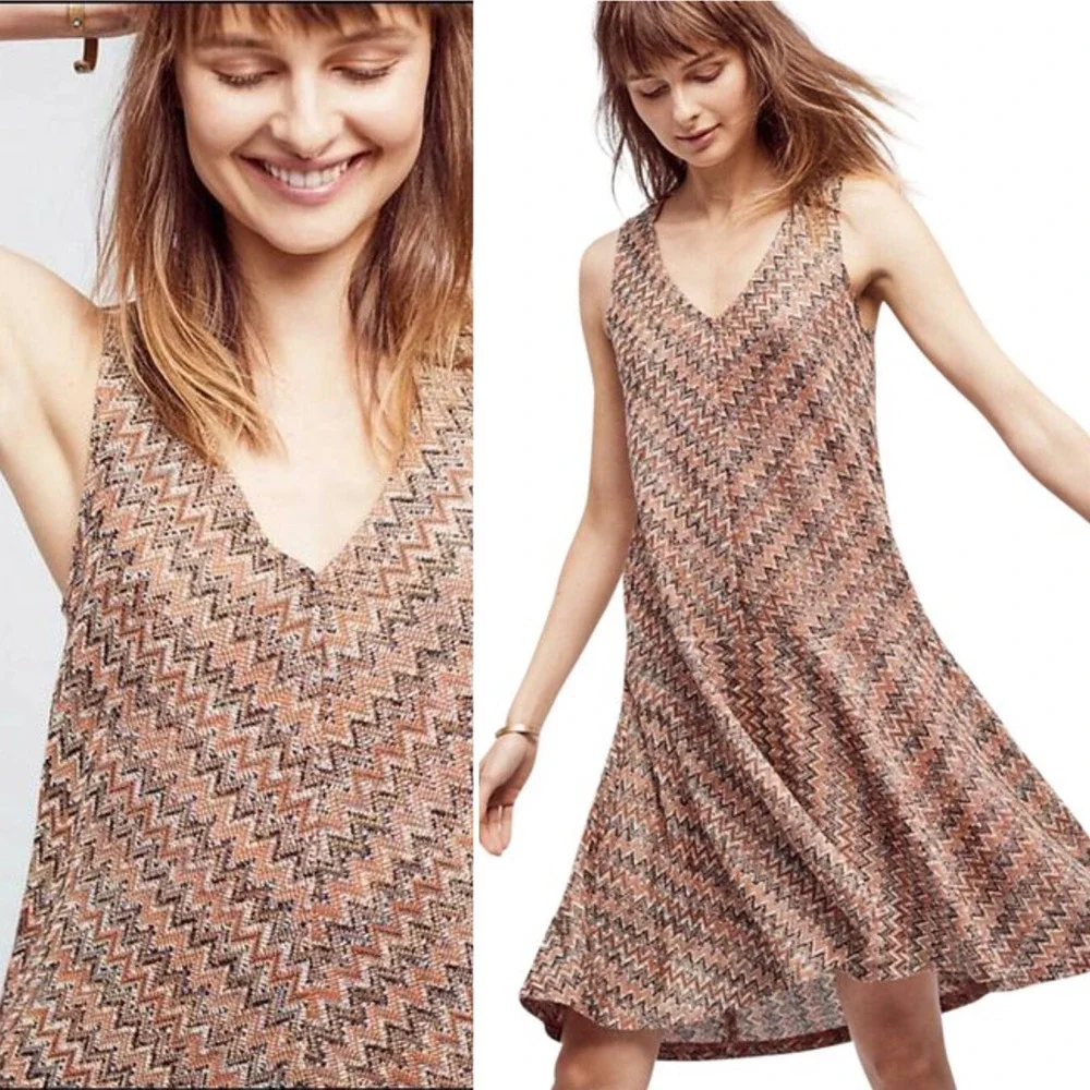 Anthropologie Maeve Westwater Sweater Dress Brown Chevron V Neck Size Small New